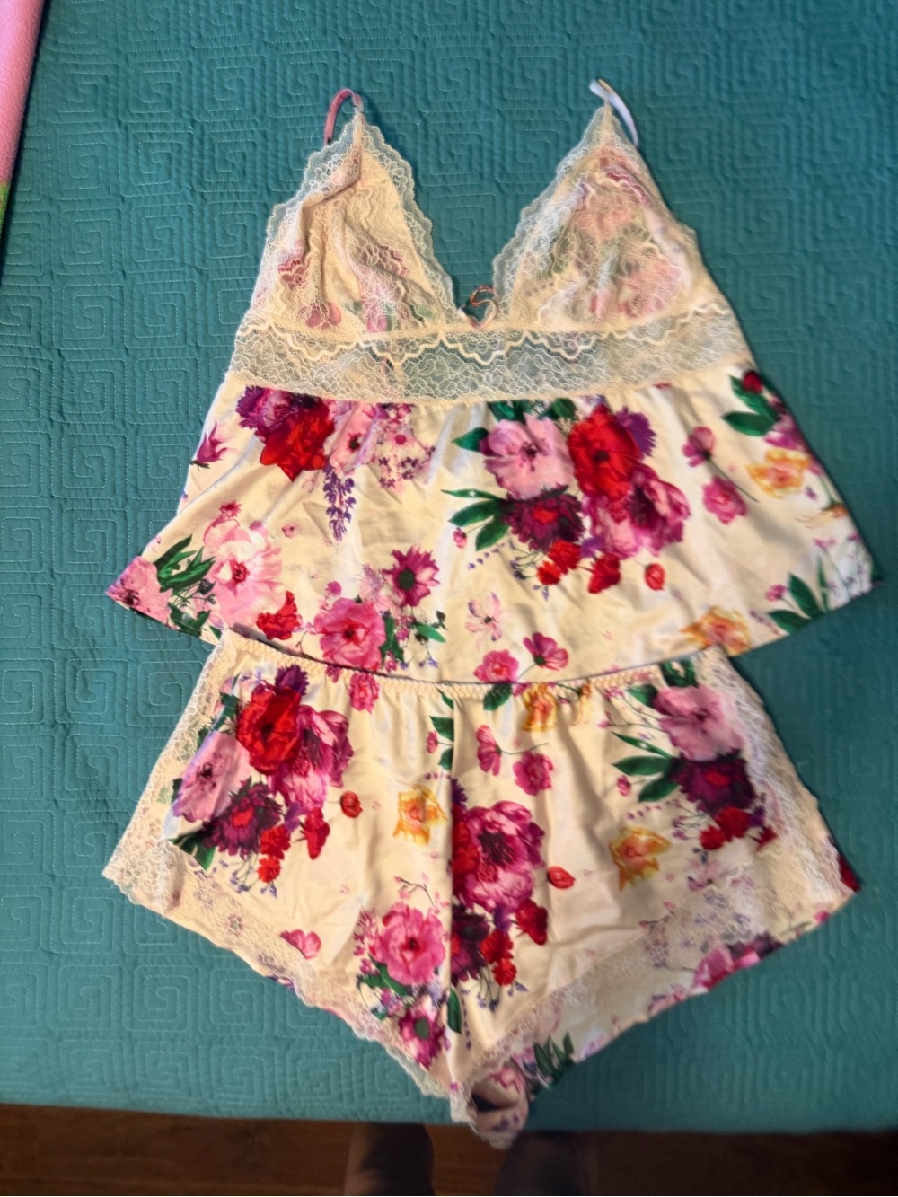 Victoria's Secret Floral Lace Trim Camisole & Shorts Set - White/Pink/Red